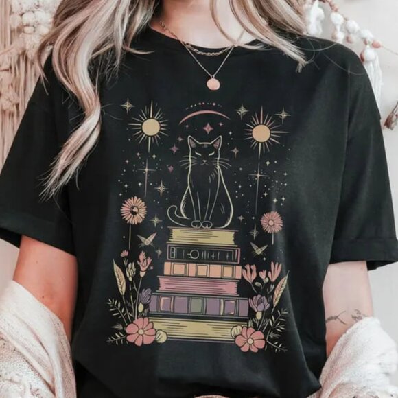 Tops - Cat Book Shirt, Floral Book Lover Shirt, Graphic Cat Book Tee